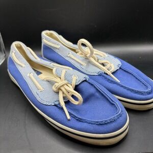 VTG Polo Ralph Lauren Boat Shoes Blue Canvas Loafers Striped‎ Trim Size